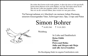 Traueranzeige von Simon Bohrer von Dinkelsbühl/ Feuchtwangen