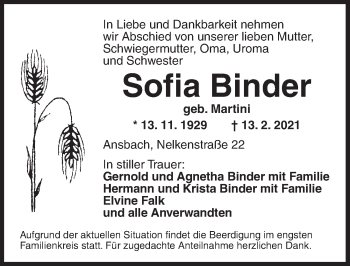 Traueranzeige von Sofia Binder von Ansbach