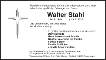 Traueranzeige von Walter Stahl von Ansbach