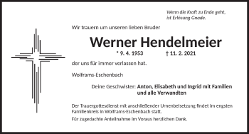 Traueranzeige von Werner Hendelmeier von Ansbach