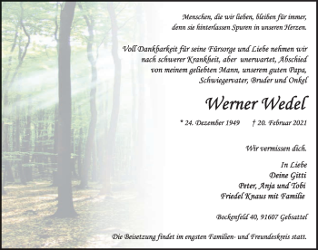 Traueranzeige von Werner Wedel von Rothenburg