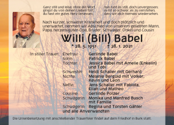 Traueranzeige von Willi  Babel von Dinkelsbühl/ Feuchtwangen