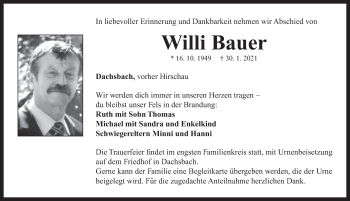 Traueranzeige von Willi Bauer von Neustadt/ Scheinfeld/ Uffenheim