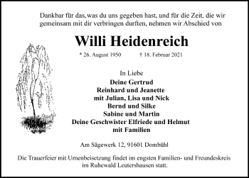 Traueranzeige von Willi Heidenreich von Ansbach