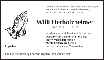 Traueranzeige von Willi Herbolzheimer von Neustadt/ Scheinfeld/ Uffenheim