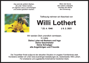 Traueranzeige von Willi Lothert von Ansbach