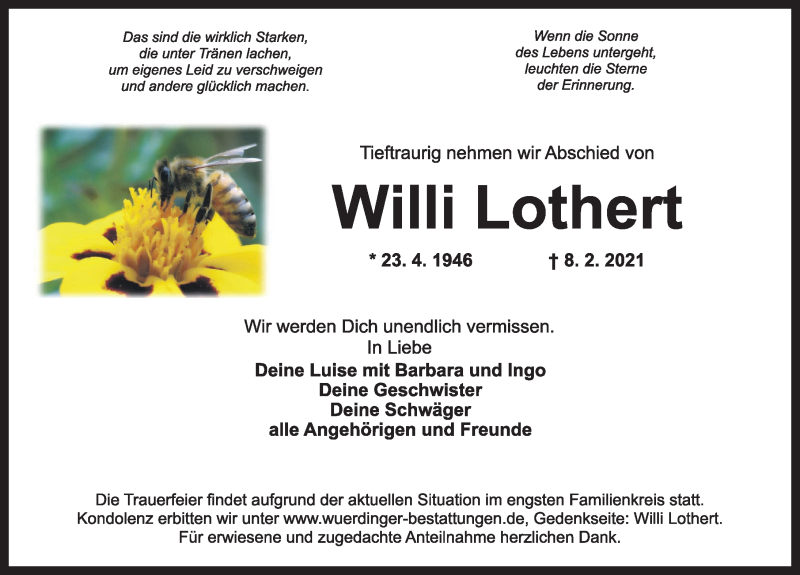 Traueranzeige für Willi Lothert vom 10.02.2021 aus Ansbach