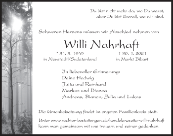 Traueranzeige von Willi Nahrhaft von Neustadt/ Scheinfeld/ Uffenheim