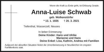 Traueranzeige von Anna-Luise Schwab von Ansbach