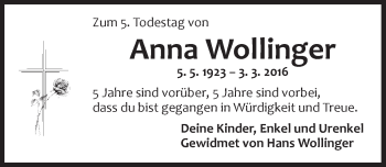 Traueranzeige von Anna Wollinger von Dinkelsbühl/ Feuchtwangen