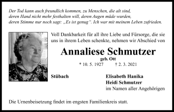 Traueranzeige von Annaliese Schmutzer von Neustadt/ Scheinfeld/ Uffenheim