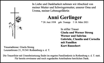 Traueranzeige von Anni Gerlinger von Rothenburg
