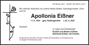 Traueranzeige von Apollonia Eißner von Ansbach