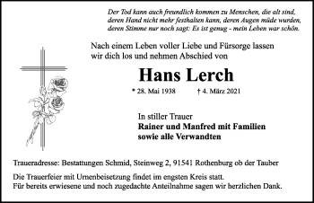 Traueranzeige von Bestattungen anzeige Hans Lerch von Rothenburg