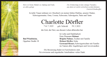 Traueranzeige von Charlotte Dörfler von Neustadt/ Scheinfeld/ Uffenheim