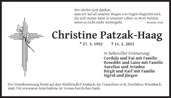 Traueranzeige von Christine Patzak-Haag von Ansbach