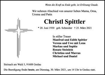 Traueranzeige von Christl Spittler von Rothenburg