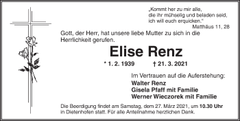 Traueranzeige von Elise Renz von Ansbach