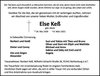 Traueranzeige von Else Keß von Rothenburg