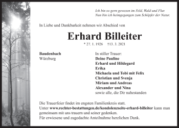 Traueranzeige von Erhard Billeiter von Neustadt/ Scheinfeld/ Uffenheim