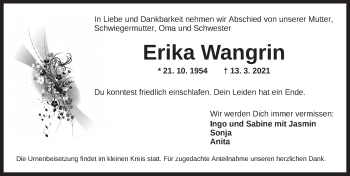 Traueranzeige von Erika Wangrin von Ansbach