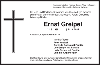 Traueranzeige von Ernst Greipel von Ansbach