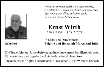 Traueranzeige von Ernst Wirth von Neustadt/ Scheinfeld/ Uffenheim