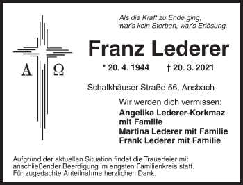 Traueranzeige von Franz Lederer von Ansbach