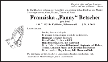 Traueranzeige von Franziska Betscher von Ansbach