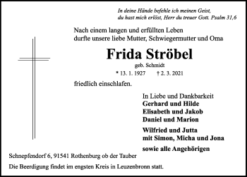 Traueranzeige von Frida Ströbel von Rothenburg
