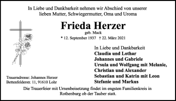 Traueranzeige von Frieda Herzer von Rothenburg