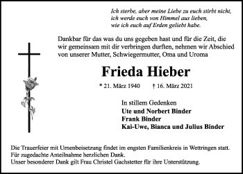 Traueranzeige von Frieda Hieber von Rothenburg