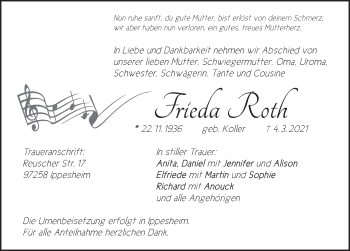 Traueranzeige von Frieda Roth von Neustadt/ Scheinfeld/ Uffenheim