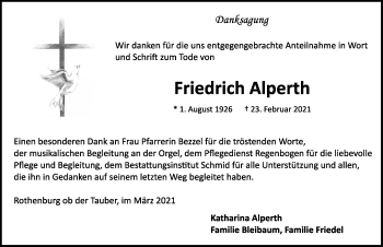 Traueranzeige von Friedrich Alperth von Rothenburg