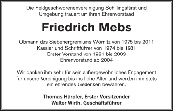 Traueranzeige von Friedrich Mebs von Rothenburg