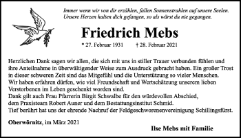 Traueranzeige von Friedrich Mebs von Rothenburg