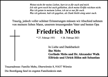 Traueranzeige von Friedrich Mebs von Rothenburg