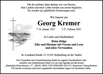 Traueranzeige von Georg Kremer von Rothenburg