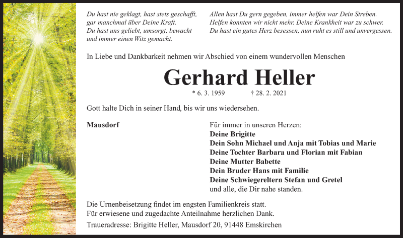  Traueranzeige für Gerhard Heller vom 04.03.2021 aus Neustadt/ Scheinfeld/ Uffenheim