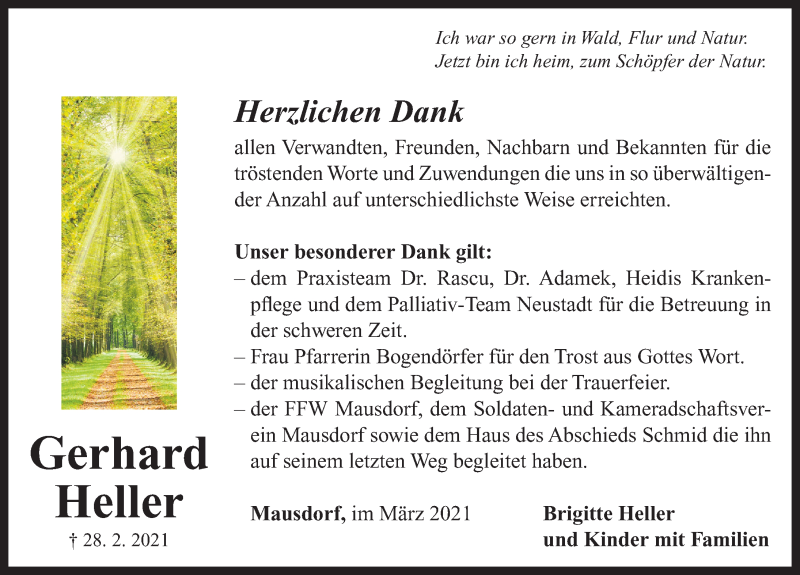  Traueranzeige für Gerhard Heller vom 27.03.2021 aus Neustadt/ Scheinfeld/ Uffenheim