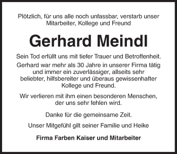 Traueranzeige von Gerhard Meindl von Ansbach