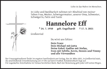 Traueranzeige von Hannelore Eff von Dinkelsbühl/ Feuchtwangen