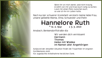 Traueranzeige von Hannelore Ruth von Ansbach