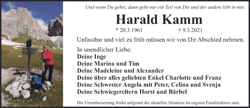  Traueranzeige für Harald Kamm vom 13.03.2021 aus Ansbach