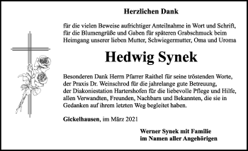 Traueranzeige von Hedwig Synek von Rothenburg