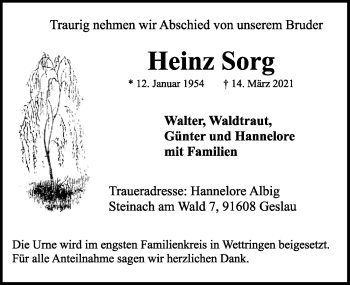 Traueranzeige von Heinz Sorg von Rothenburg
