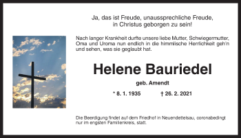 Traueranzeige von Helene Bauriedel von Ansbach