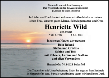 Traueranzeige von Henriette Wild von Rothenburg