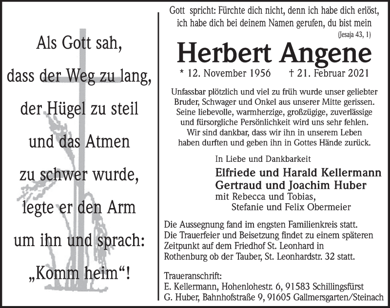  Traueranzeige für Herbert Angene vom 02.03.2021 aus Rothenburg