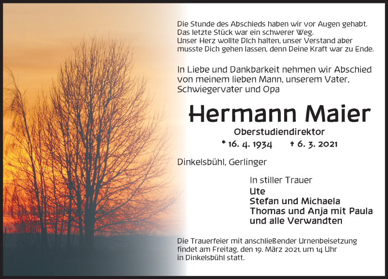  Traueranzeige für Hermann Maier vom 17.03.2021 aus Dinkelsbühl/ Feuchtwangen